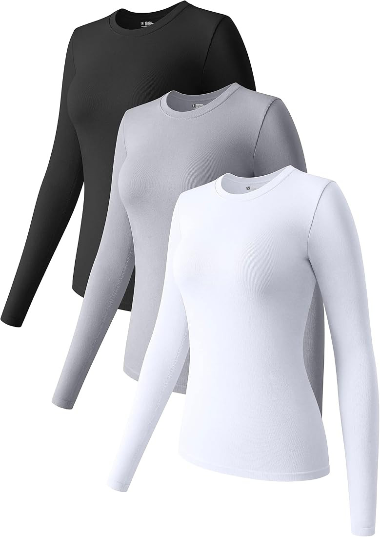 OQQ Womens 3 Piece Long Sleeve Tops Crew Neck Stretch Fitted Underscrubs Layer Tee Shirts 2025 Ca... | Amazon (US)