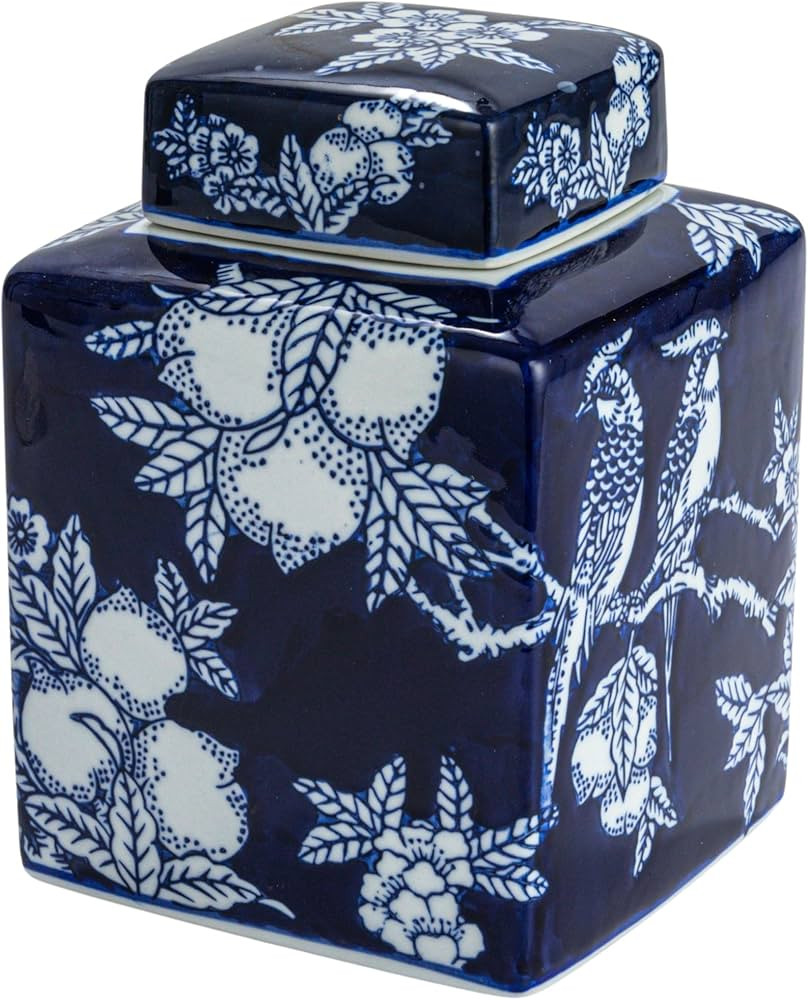 Creative Co-Op, Blue Square Ceramic Ginger Jar with Lid, White, Medium | Amazon (US)