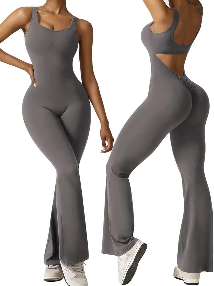 Vertvie Women Sleeveless Flare Jumpsuits Sexy Backless Tank Tops Bodycon Scrunch Butt Yoga Romper... | Amazon (US)