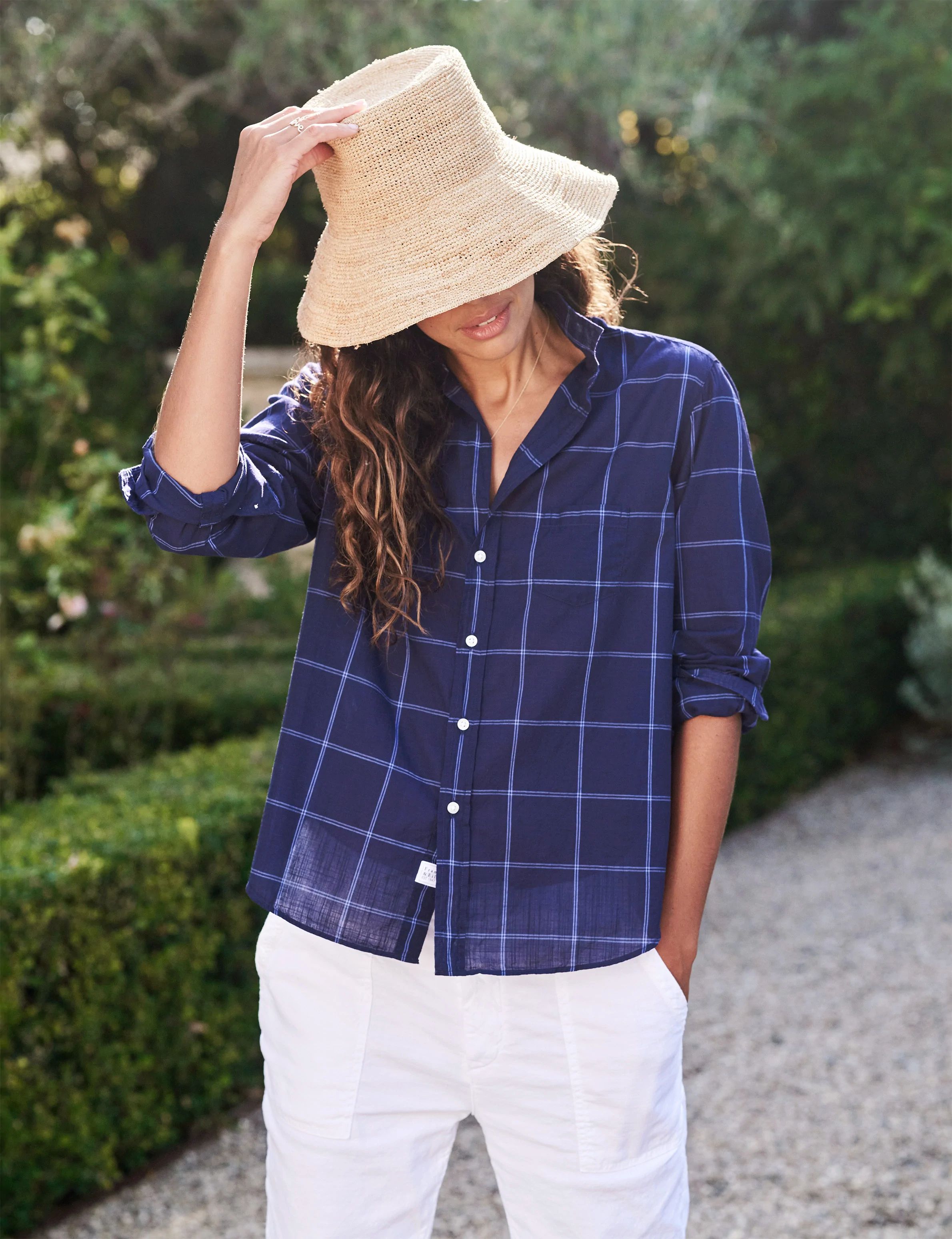 EILEEN Navy Windowpane, Casual Cotton | Frank & Eileen