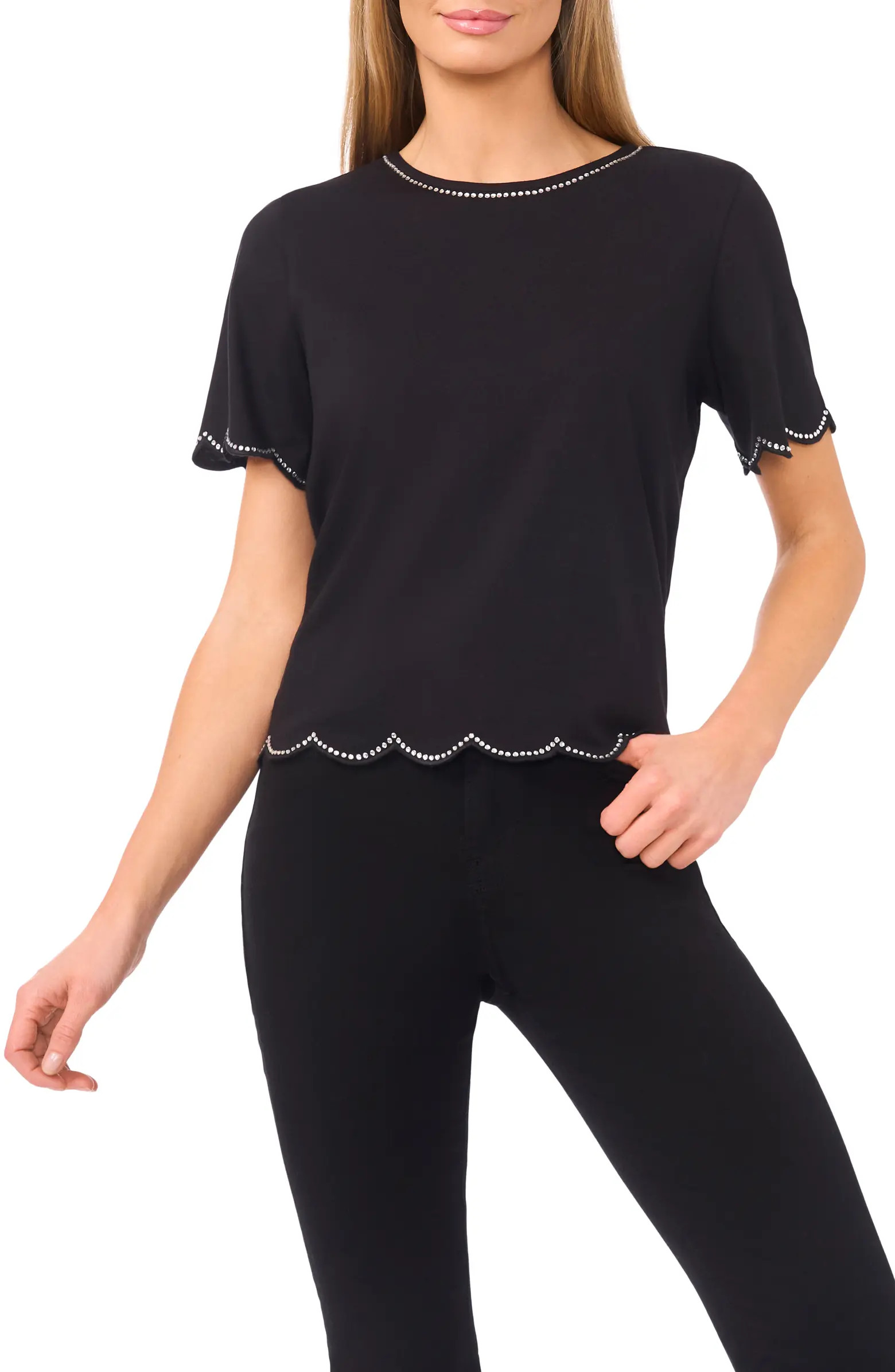 Embellished Scalloped Trim Jersey Top | Nordstrom