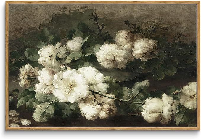 InSimSea Framed Canvas Wall Art Room Decor, White Roses Still Life Paintings Canvas Print, Mid Ce... | Amazon (US)