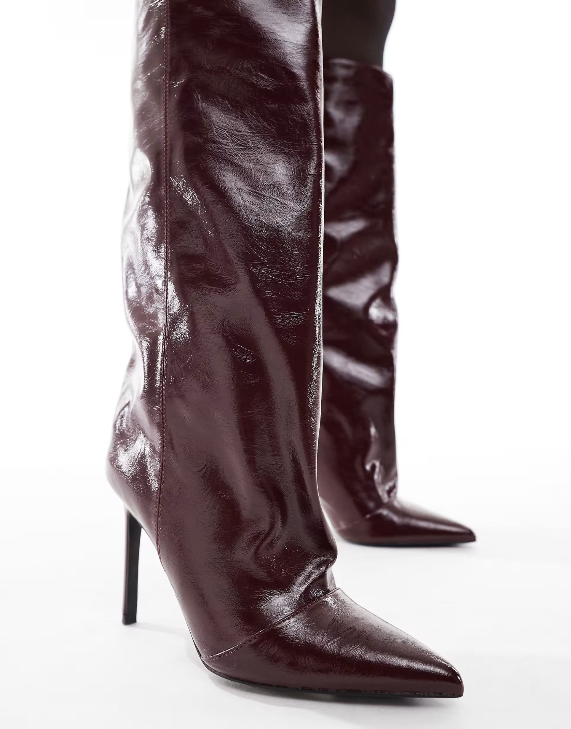 London Rebel Stella slouchy kitten heel knee boots in dark cherry | ASOS (Global)