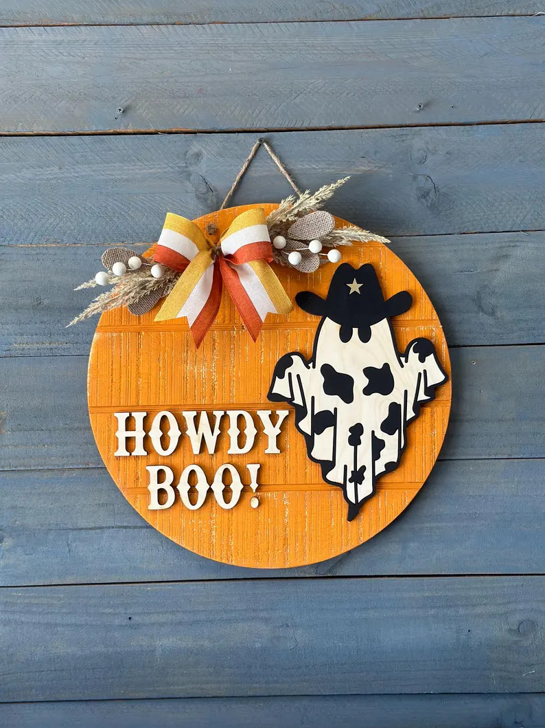 Halloween Decor, Western Cowboy Ghost, Howdy Boo Pumpkin Fall Wood Door Hanger - Etsy | Etsy (US)