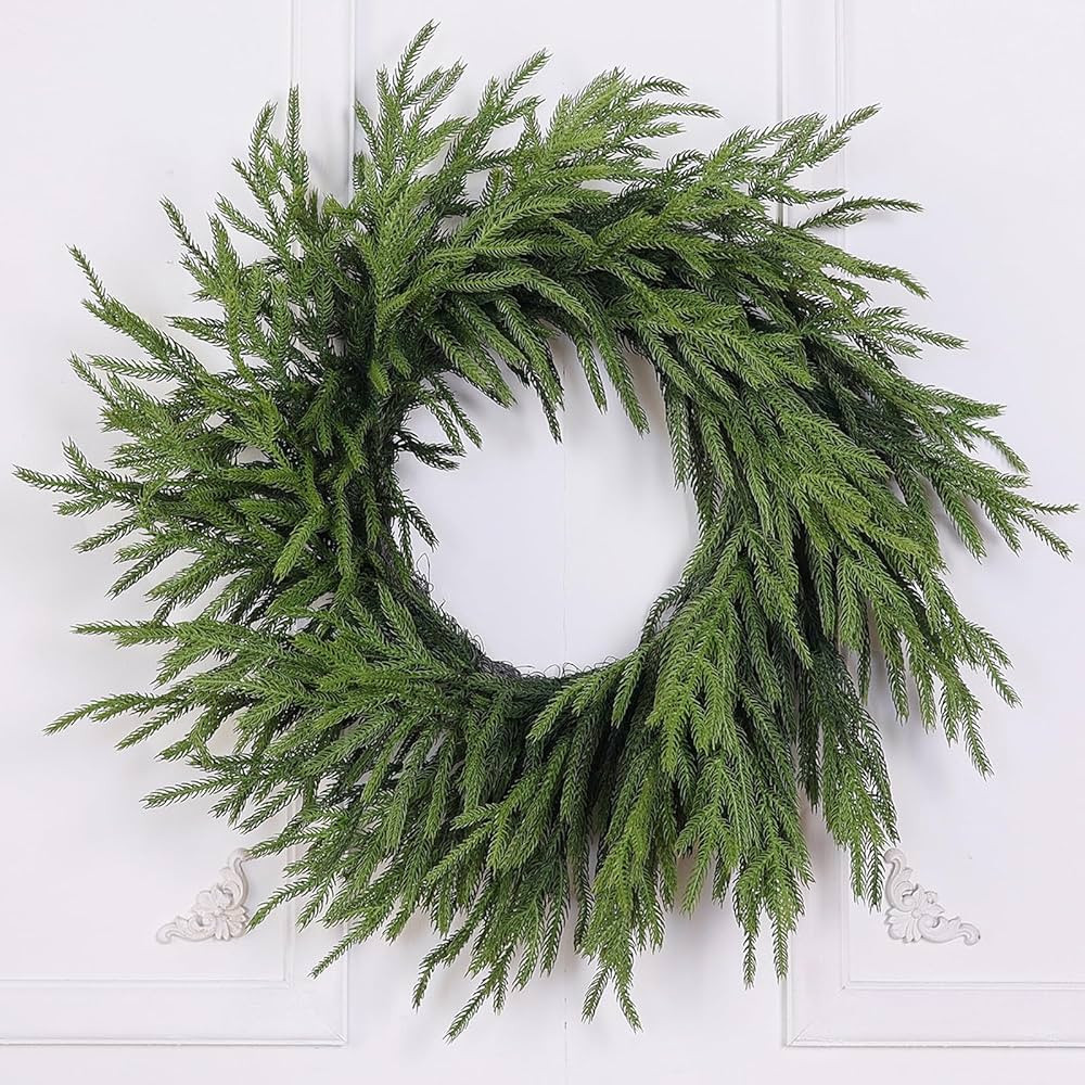 Amazon.com: Real Touch Norfolk Pine Wreath - 24" Artificial Christmas Wreath Faux Pine Green Wrea... | Amazon (US)