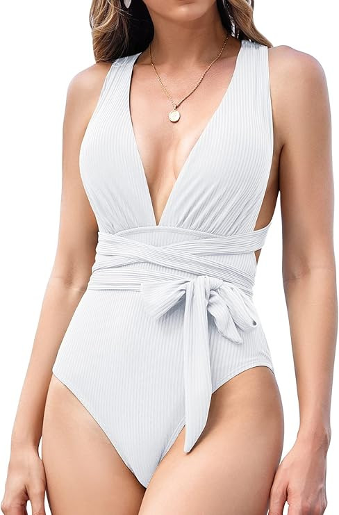 Women White One Piece Bathing Suit,High Waisted Tummy Control Swimsuit Deep Plunge V Neck Halter... | Amazon (US)