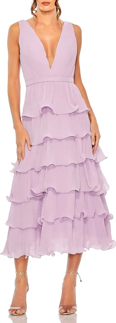 Mac Duggal Deep V Chiffon Sleeveless Ruffle Midi Dress | Nordstrom | Nordstrom
