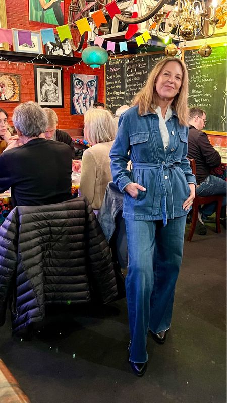 Friday night dinner out at a new local restaurant. 

I love this denim jacket, frame stripe blouse with Frame slim palazzo jeans.  Jacket and top fit tts.  If between sizes, size down in jeans. 

#LTKSeasonal #LTKover40 #LTKstyletip