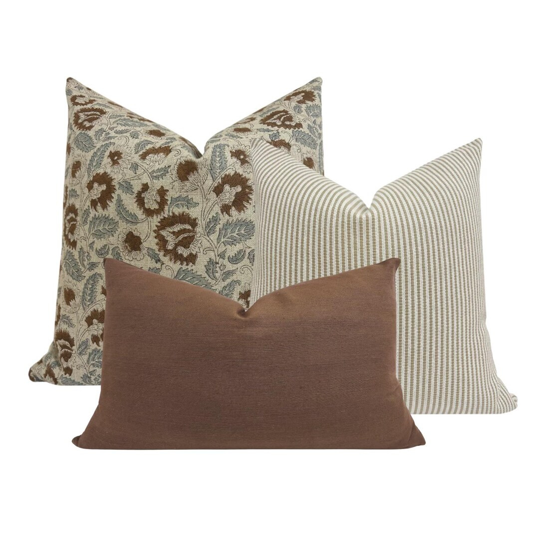 PILLOW COMBO || Set of Three Designer Pillow Covers, Brown and Blue Linen Floral, Taupe Striped P... | Etsy (US)