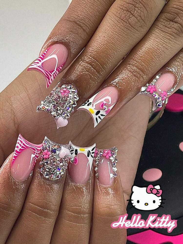 Sanrio 24pcs/Set Duck Mouth Nail Stickers, Red Striped French, Sanrio Pink Cute Hello Kitty Rhinestones, 3D Pink Floral, White Hearts Rhinestone, Colorful Glitter Set For Women Daily Wear, Parties & Events (Includes: 1pc Jelly Gel, 1pc Pusher) | SHEIN
