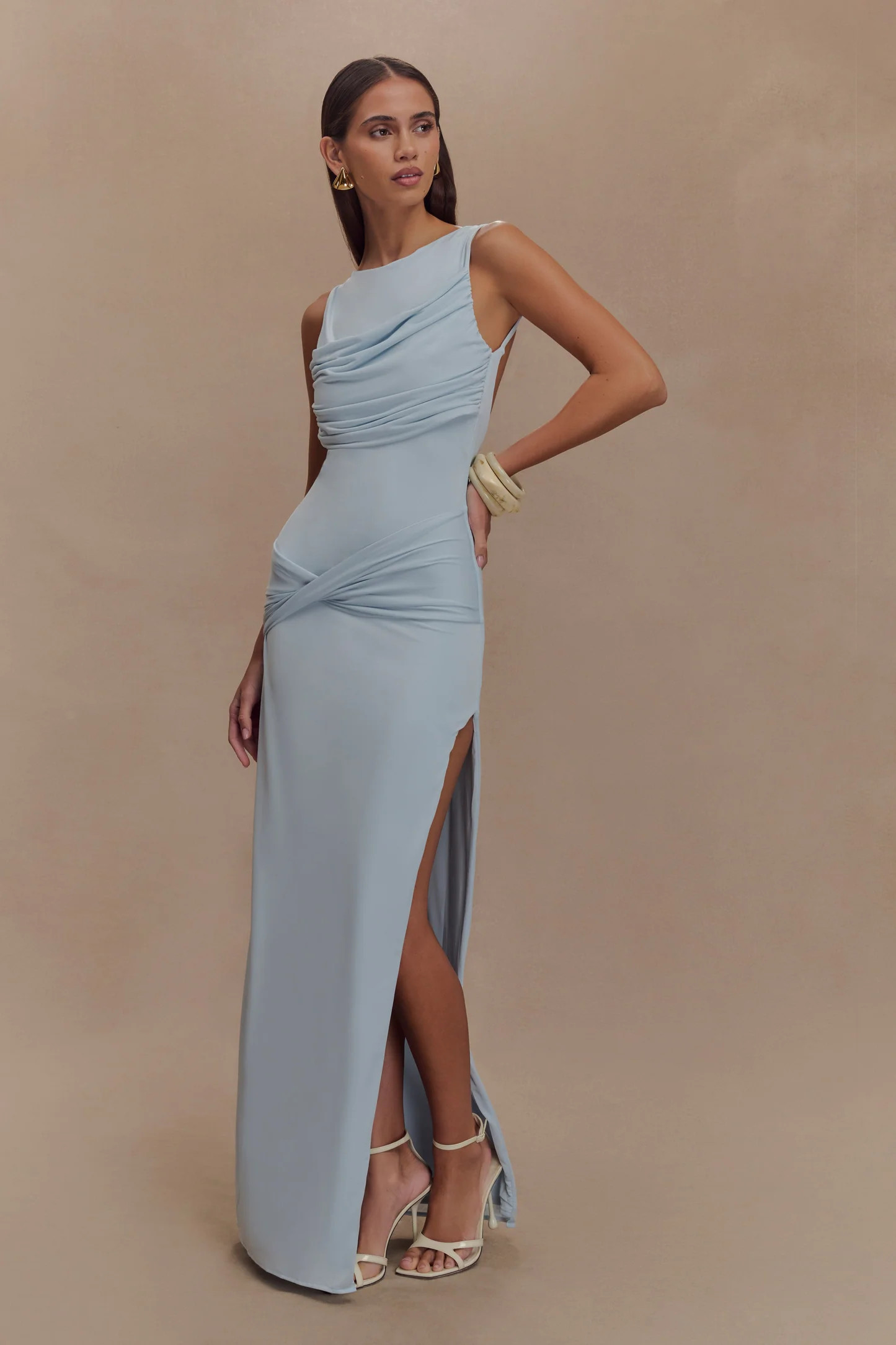 Henley Slinky Drape Maxi Dress - Pale Blue | Meshki UK
