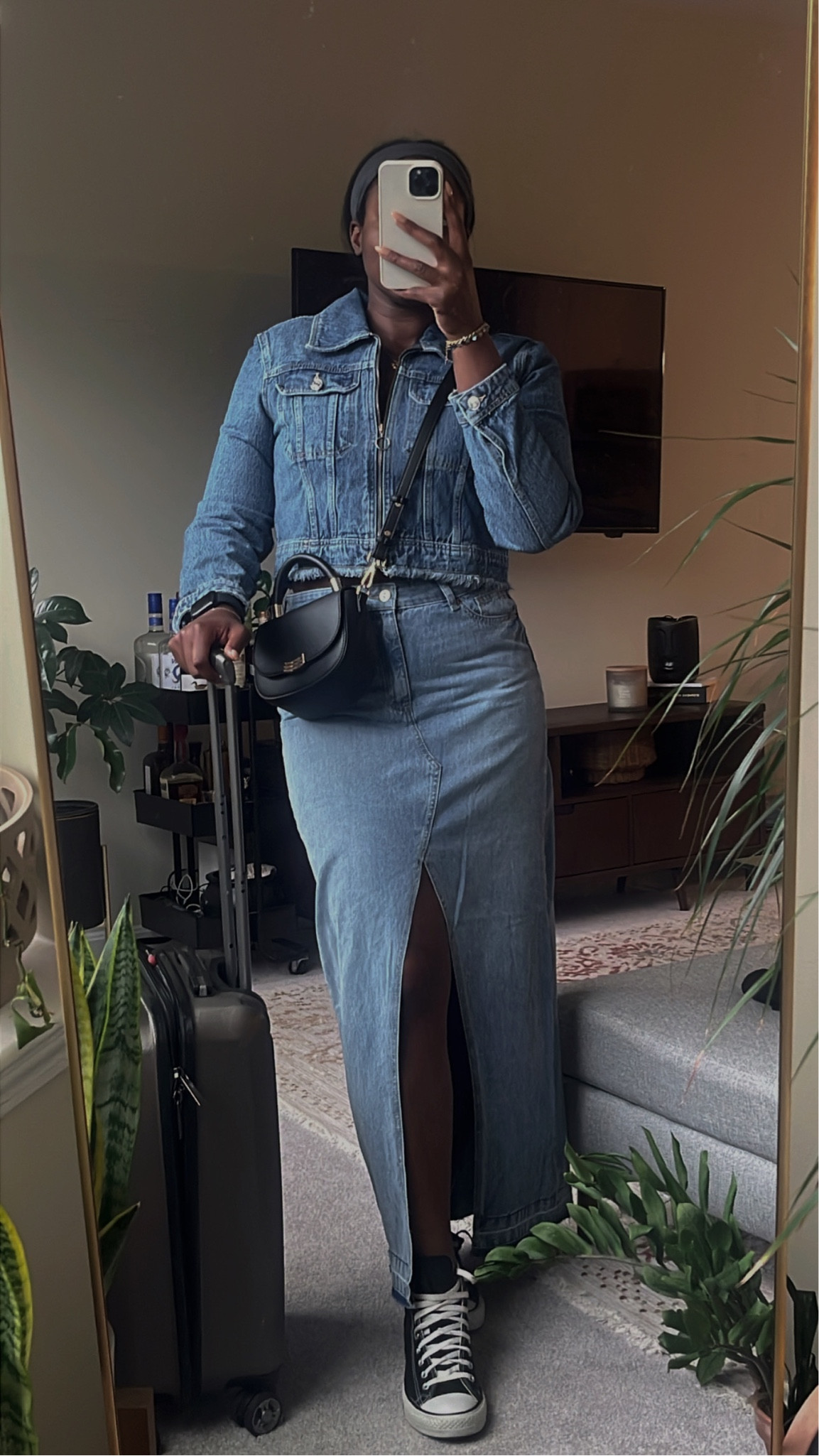Denim on denim fall outfit. Denim maxi skirt. Cropped denim jacket. Casual fall outfit. Jean maxi skirt. All jean outfits 

#LTKmidsize #LTKstyletip #LTKtravel