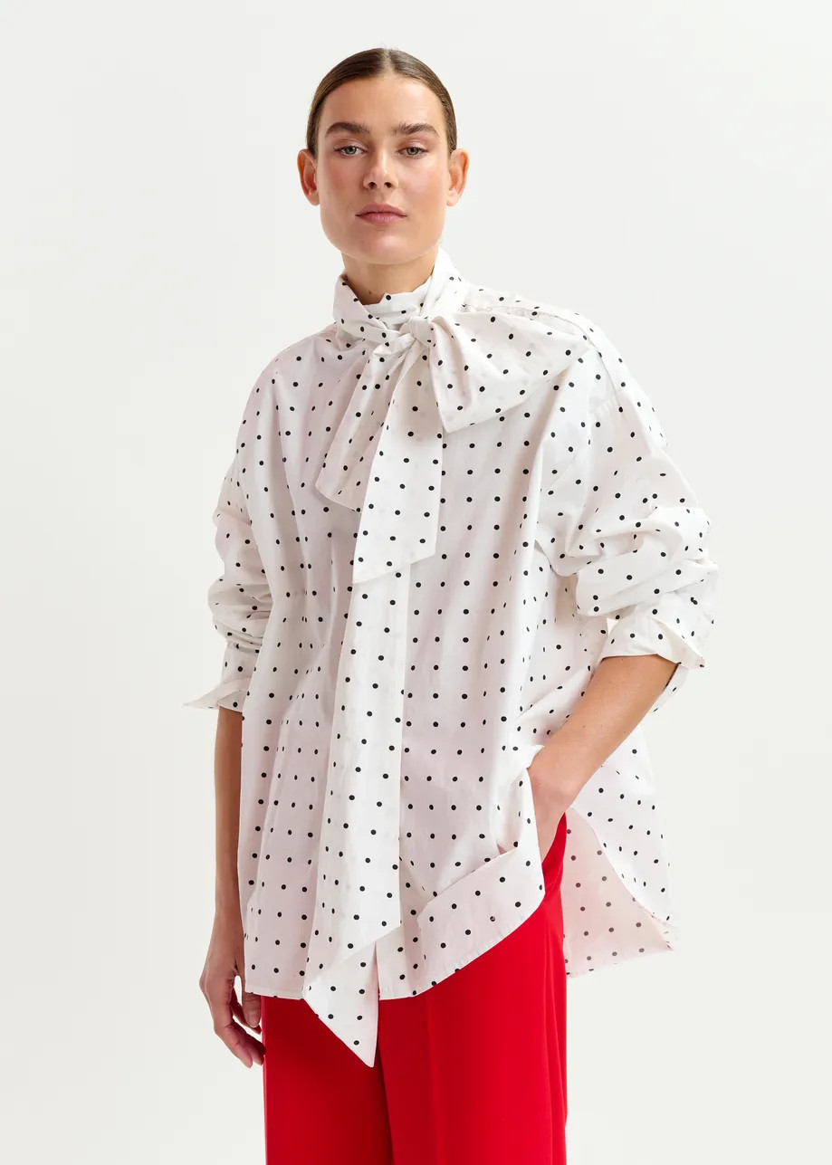 White and black polkadot cotton shirt with pussy bow | Essentiel Antwerp United States | Essentiel Antwerp
