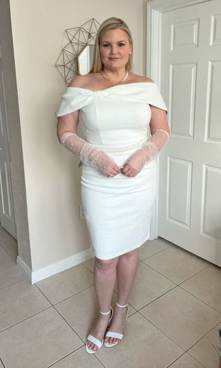 White off shoulder dress. Fits true to size, maybe just a smidge small. Wearing the 14. Pearl fingerless gloves. Pearl belt. White sandals  

#LTKFind #LTKwedding #LTKstyletip