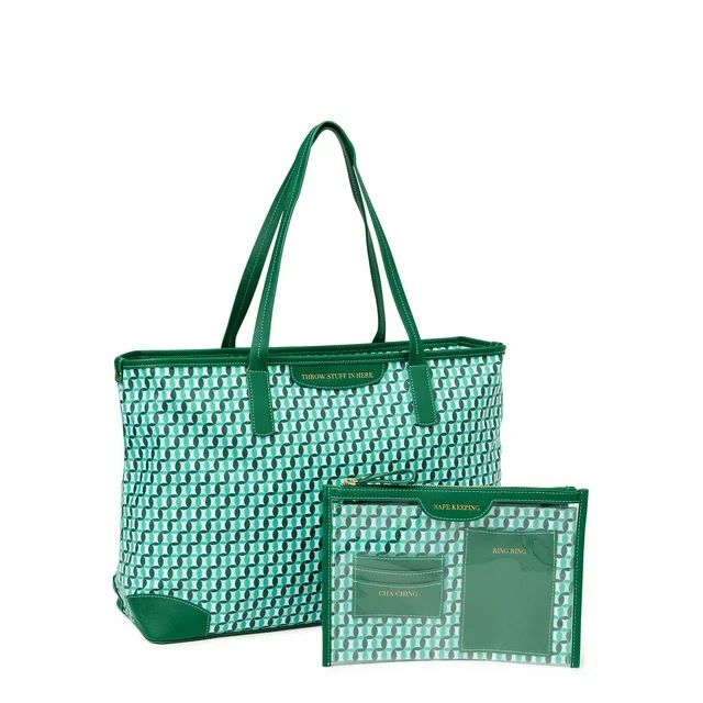 Time and Tru Women’s Sustainable Signature Tote and Pouch Set, 2-Piece Mint Chip | Walmart (US)