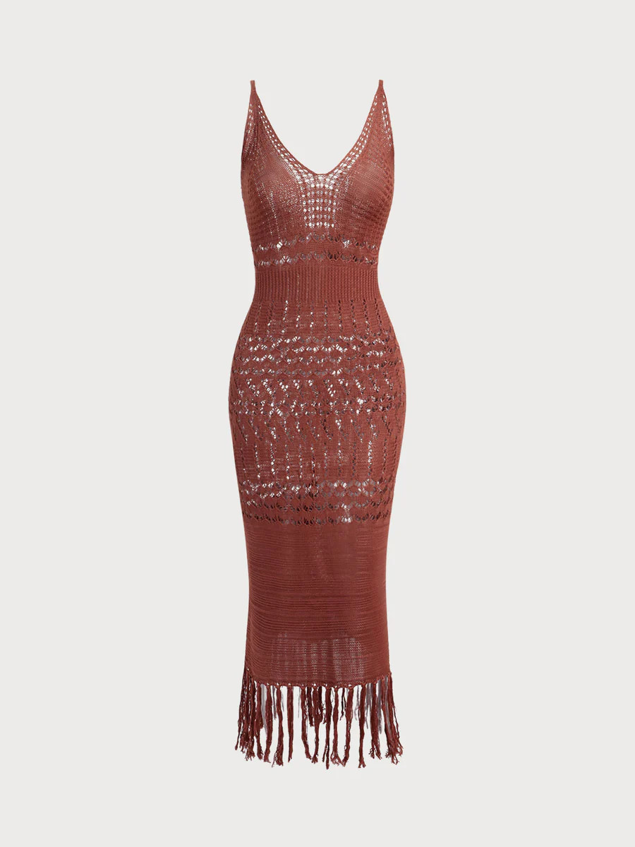 Brown V-Neck Crochet Cover-Up Dress & Reviews - Dark Coffee - Sustainable Cover-ups | BERLOOK | BERLOOK