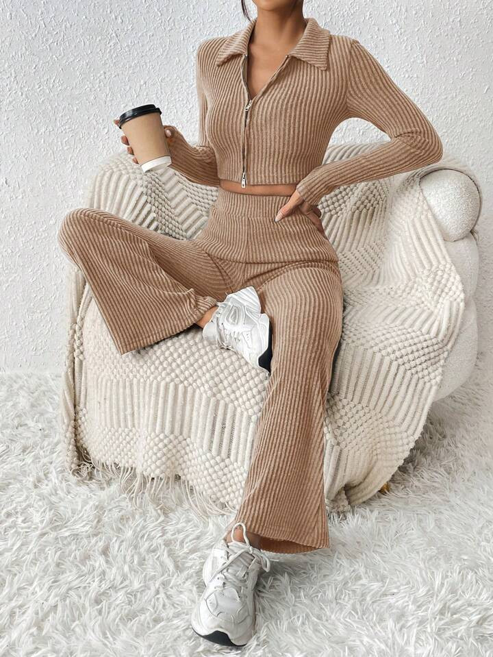 SHEIN PETITE Women's Solid Color Ribbed Slim Fit Top And Flared Pants Set With Double Head Zipper | SHEIN