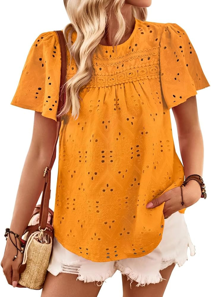 Falechay Womens Summer Tops Boho Short Sleeve Crew Neck Blouses for Women Dressy Casual Babydoll ... | Amazon (US)