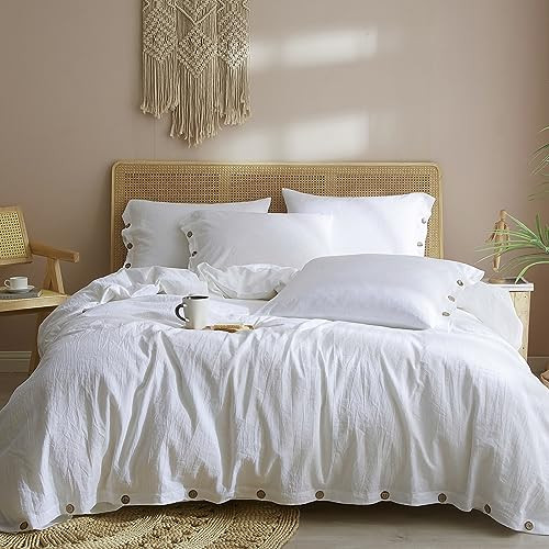 Ivellow Linen Duvet Cover King 100% Pure Washed French Flax Soft Breathable Moisture Wicking Cooling White Linen Bedding Set 3Pcs (1 Duvet Cover 2 Pillowcase Button Closure) | Amazon (US)