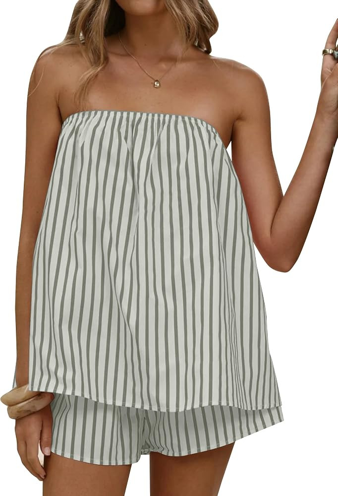 MISSACTIVER Womens Striped 2 Piece Sets Lounge Strapless Tube Top Shorts | Amazon (US)
