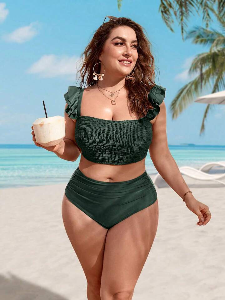 SHEIN Swim Curve Plus Ruffle Trim Smocked Bikini Swimsuit | SHEIN