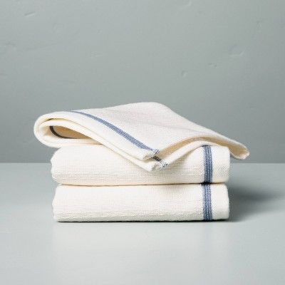 Textured Border Stitch Bath Towels Cream/Faded Blue - Hearth & Hand™ with Magnolia | Target