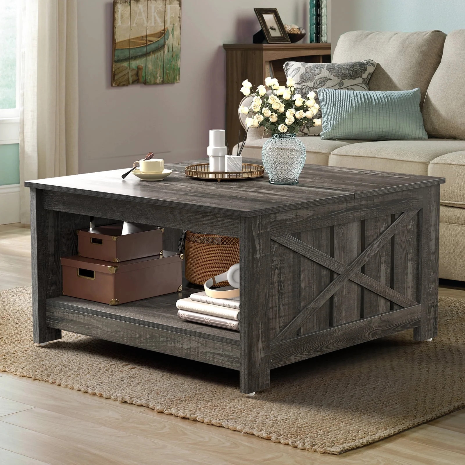 Dexturs Square Coffee Table, Farmhouse Coffee Table with Half Open Storage Compartment, Rustic Gr... | Walmart (US)