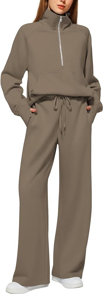 Women's 2 Piece Outfits Lounge Set 2024 Oversized Half Zip Sweatshirt Wide Leg Sweatpant Set Swea... | Amazon (US)