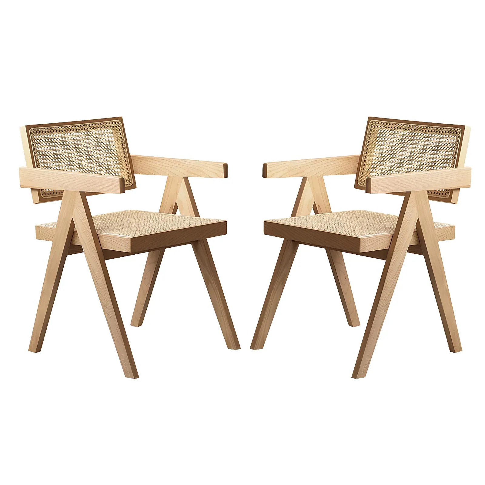 LUXEYARD Modern Mid Century Dining Chairs Set of 2 Rattan Accent Chairs Comfy Armchairs Outdoor Wood Chairs with Armrest for Bedroom Living Room | Lowe's