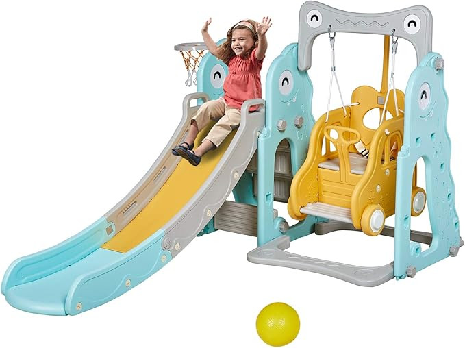 Albott 5 in 1 Slide and Swing Set Extra Long Slide Height Adjustable Swing Fully Enclosed Stairs ... | Amazon (US)