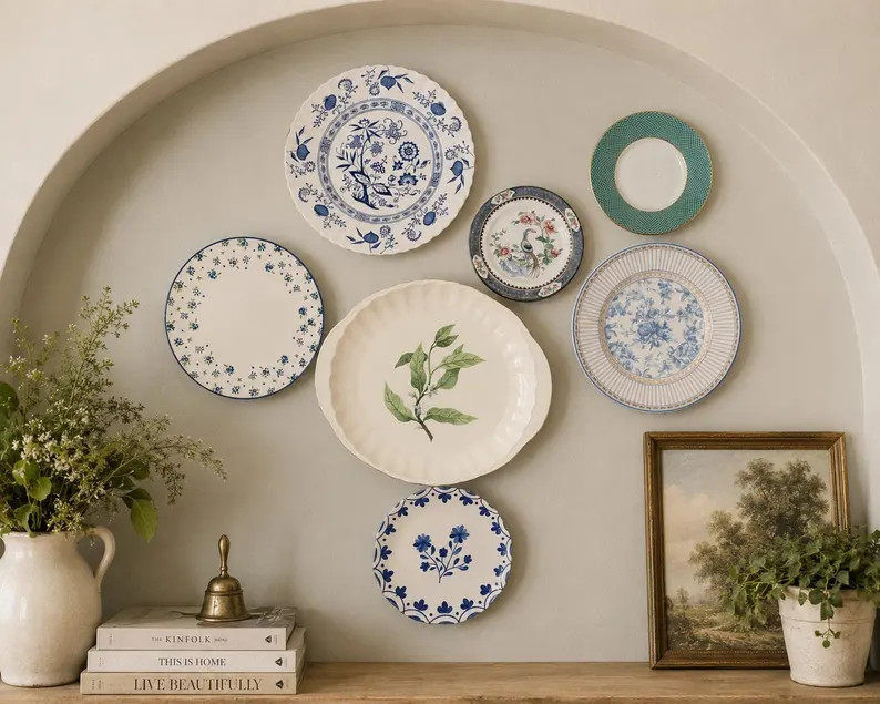 Mismatched Vintage Floral China Plates | Eclectic Gallery Art | Ready to Hang Plate Wall Set | Bl... | Etsy (Global)