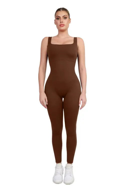 Popilush Shapewear Square Neck Thigh Slimming Workout Jumpsuit in Chocolate at Nordstrom, Size Small | Nordstrom