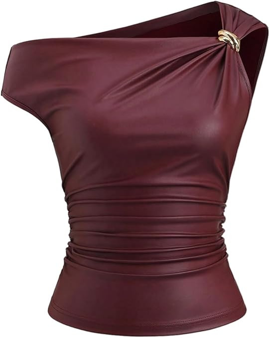 Milumia Women's Asymmetrical Off The Shoulder Leather Top Y2k Ruched Going Out Crop Tank Tops | Amazon (US)