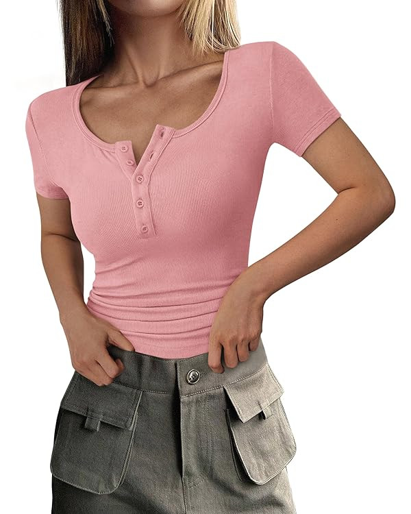 PRETTYGARDEN Women's 2025 Spring Summer Short Sleeve Tops Ribbed Henley Button Slim Fit Basic Cas... | Amazon (US)