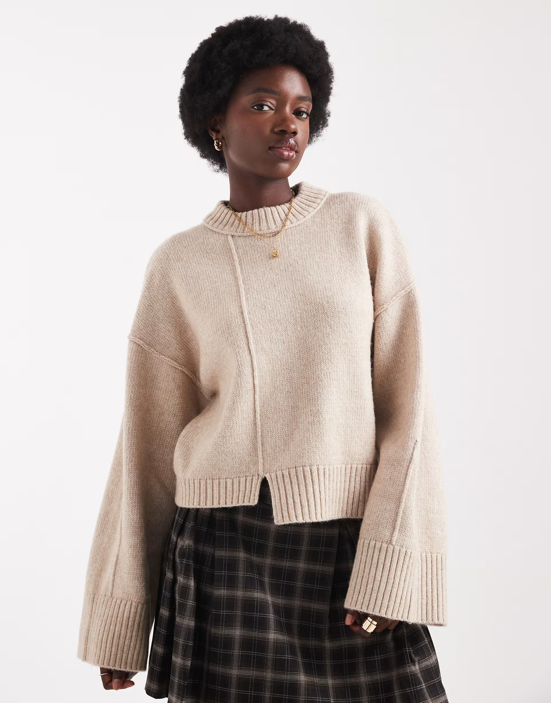 ASOS DESIGN crew neck jumper with seam front detail and stepped hem in rye | ASOS (Global)
