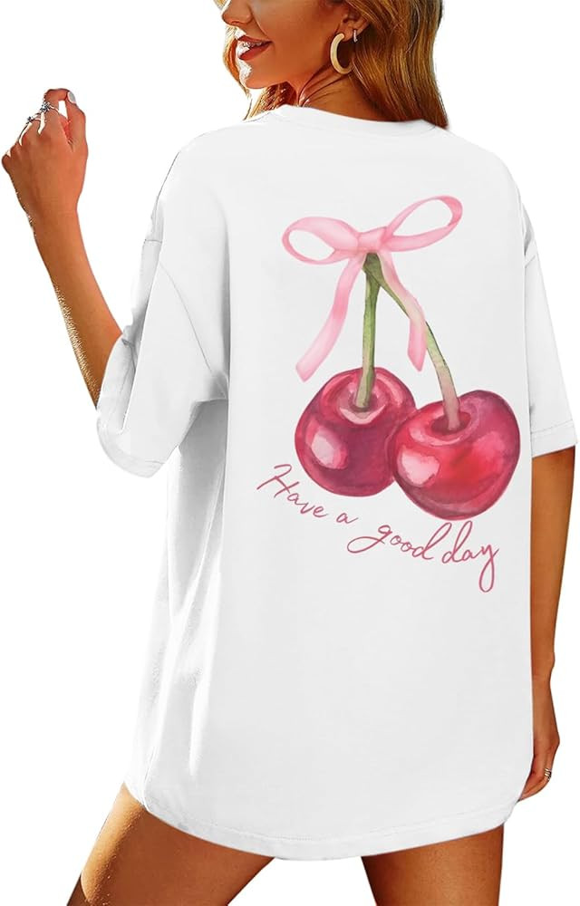 BINTEHGS Oversized Graphic Tees for Women Trendy Cherry Printed Shirt Cute Summer Aesthetic Cotto... | Amazon (US)