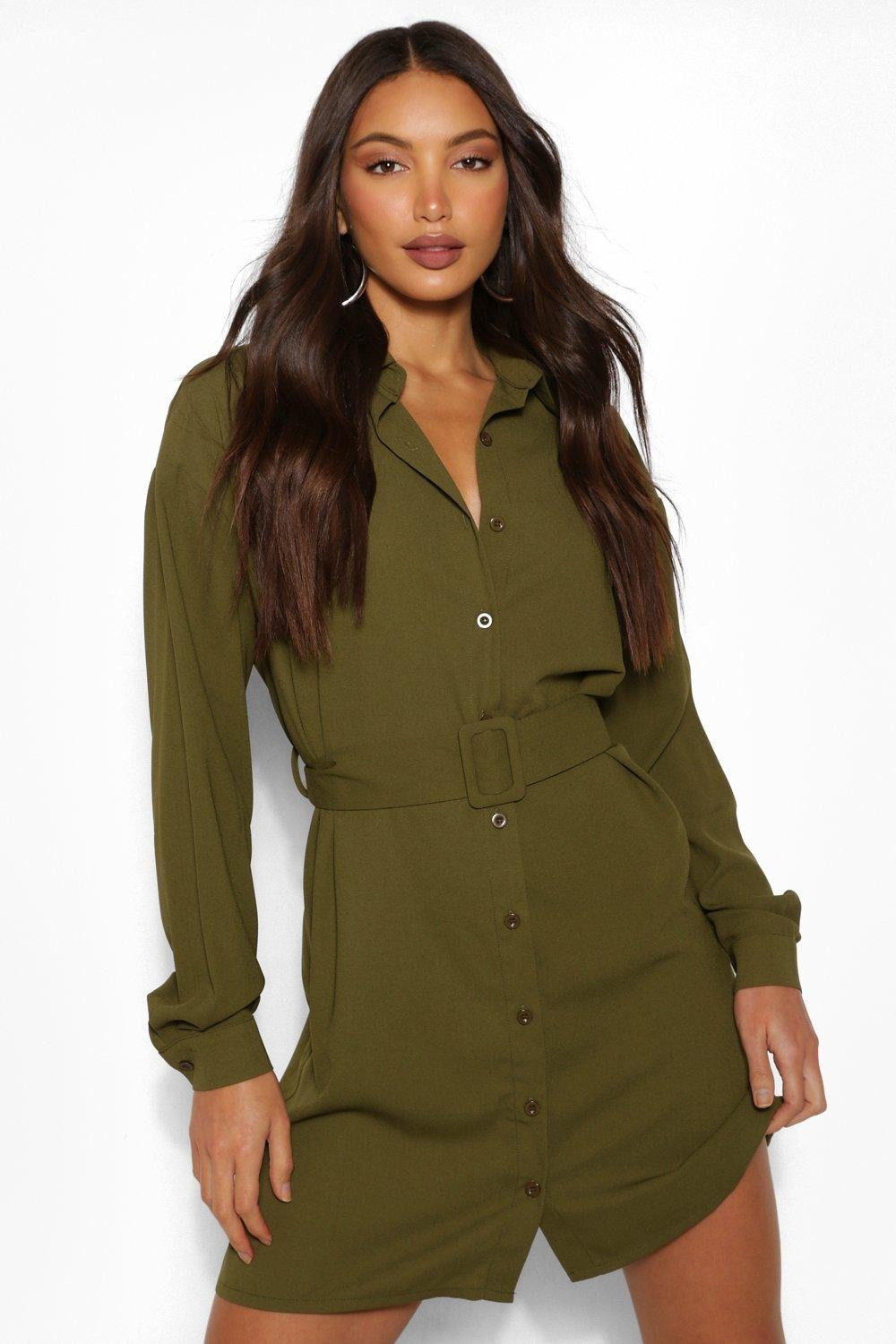Womens Tall Belted Button Down Woven Shirt Dress - Green - 14 | Boohoo.com (US & CA)