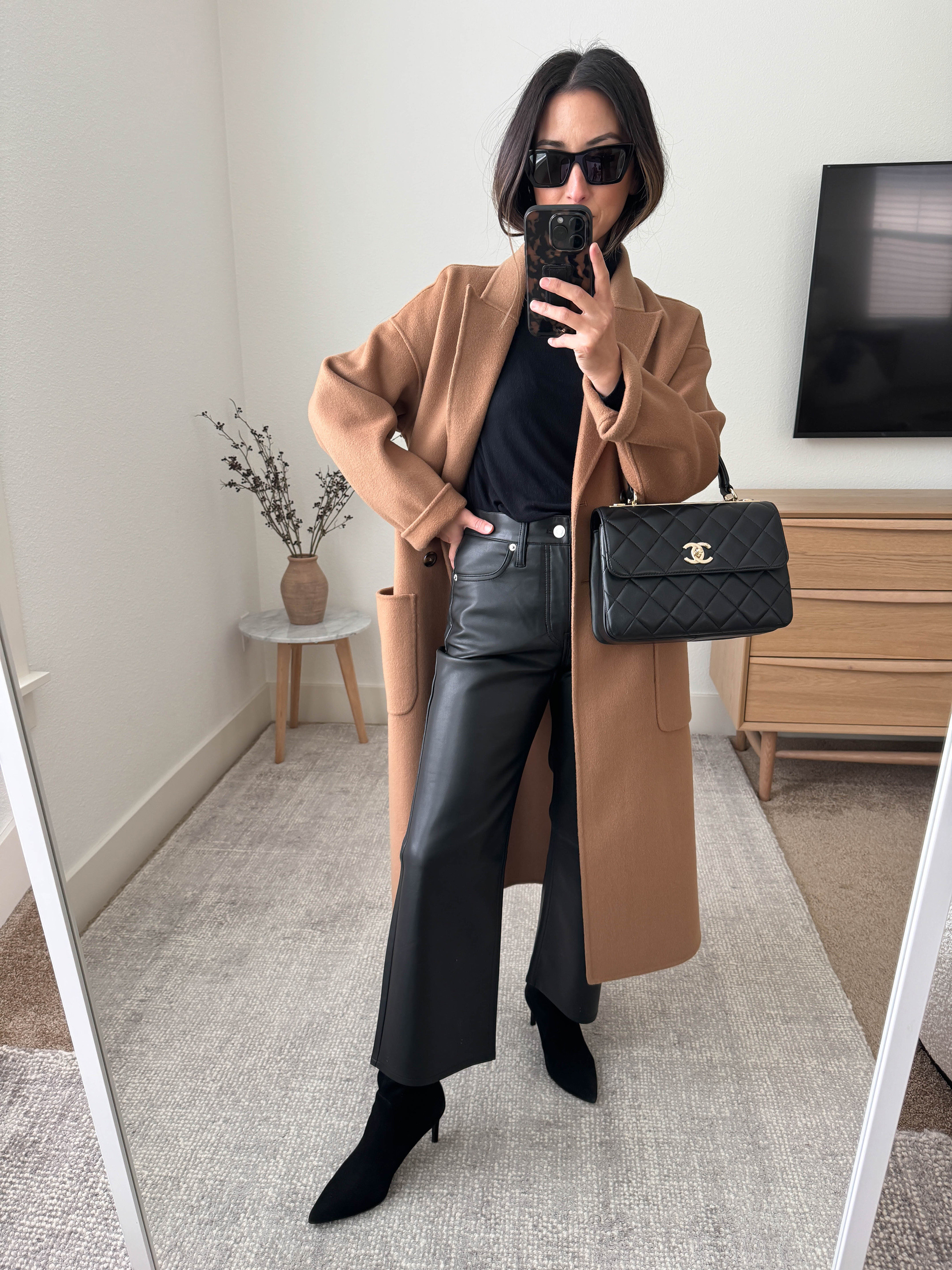 Thanksgiving outfit ideas. Fall outfit ideas. My favorite faux leather pants. They're super comfy and soft. 

Anine Bing Coat xxs
Majestic Filatures turtleneck xs
J.Crew Slim Wide faux leather pants petite 25. I sized up. 
Stuart Weitzman boots 35
Chanel Trendy CC Small
YSL sunglasses

#LTKSeasonal #LTKShoeCrush #LTKHoliday