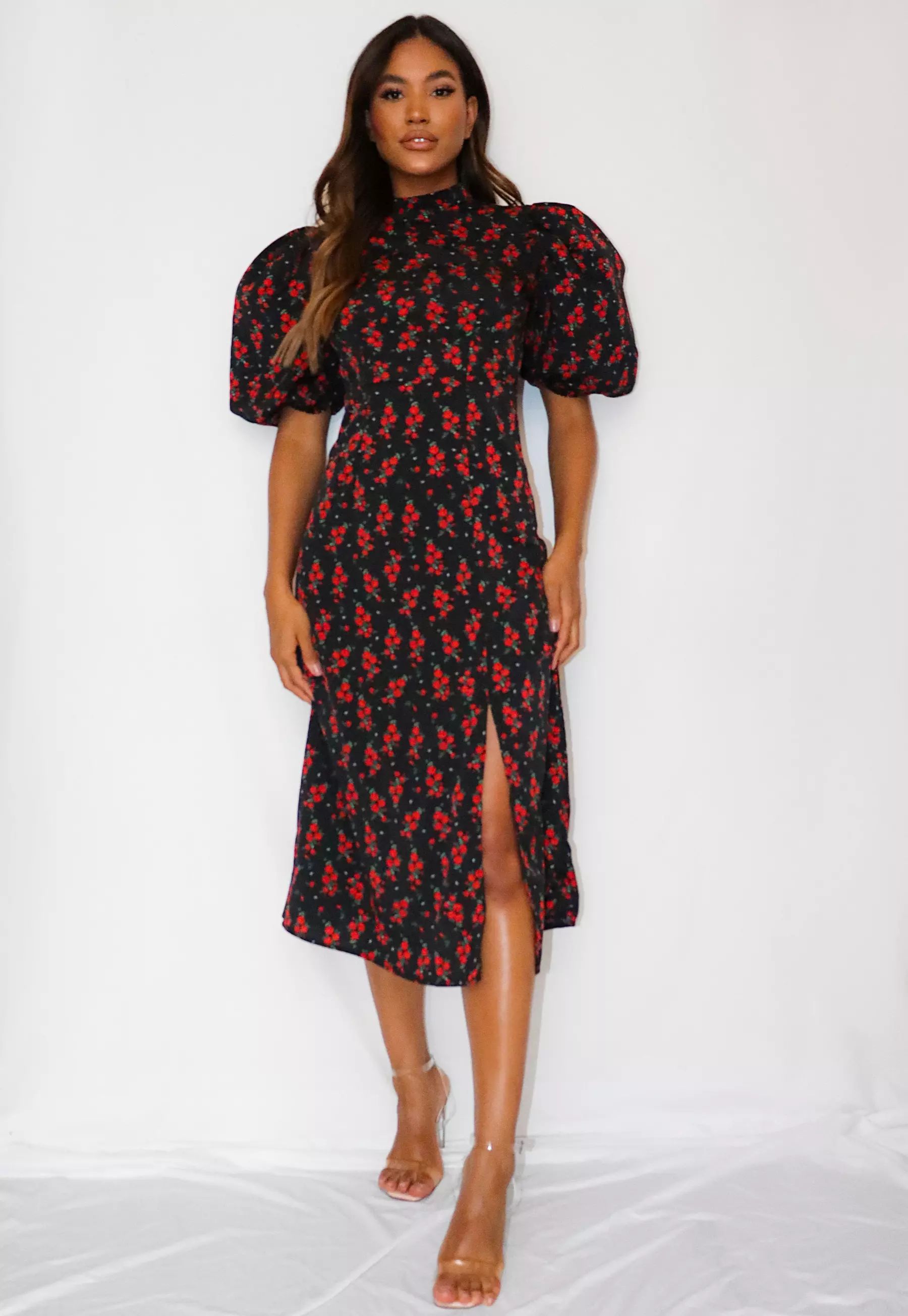 Black Floral High Neck Puff Sleeve Midi Dress | Missguided (US & CA)