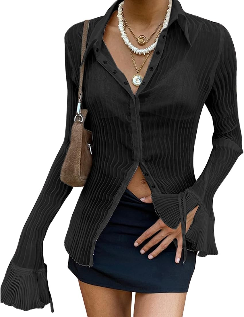 Omoone Women's Sexy Y2K See Through Shirts Button Flare Sleeve Blouse Slim Cardigan Tops | Amazon (US)