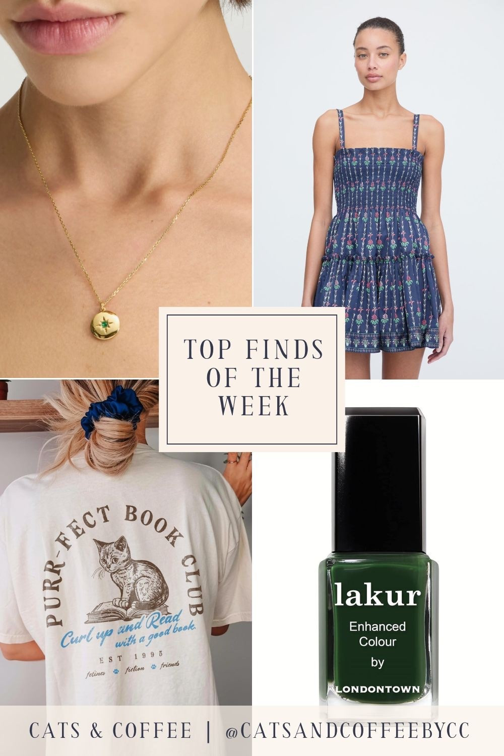 Friday Favorites 🎉💚 Four Top Finds of the Week: a gorgeous green nail polish from Lakur, a sweet Nap Dress style from Hill House (currently on sale with code HAPPY4TH), a pretty gold and green Kate Spade necklace (under $75!), and the most purrfect graphic tee for cat and book lovers like myself! 

#LTKBeauty #LTKPetite #LTKSaleAlert