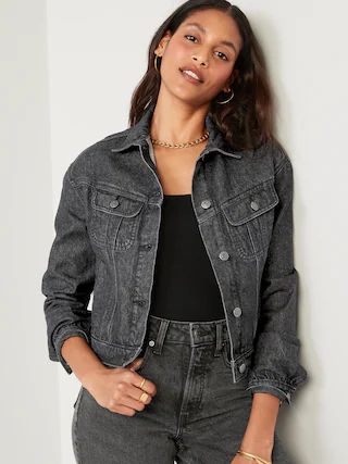 Cropped Black-Wash Non-Stretch Jean Jacket for Women | Old Navy (US)