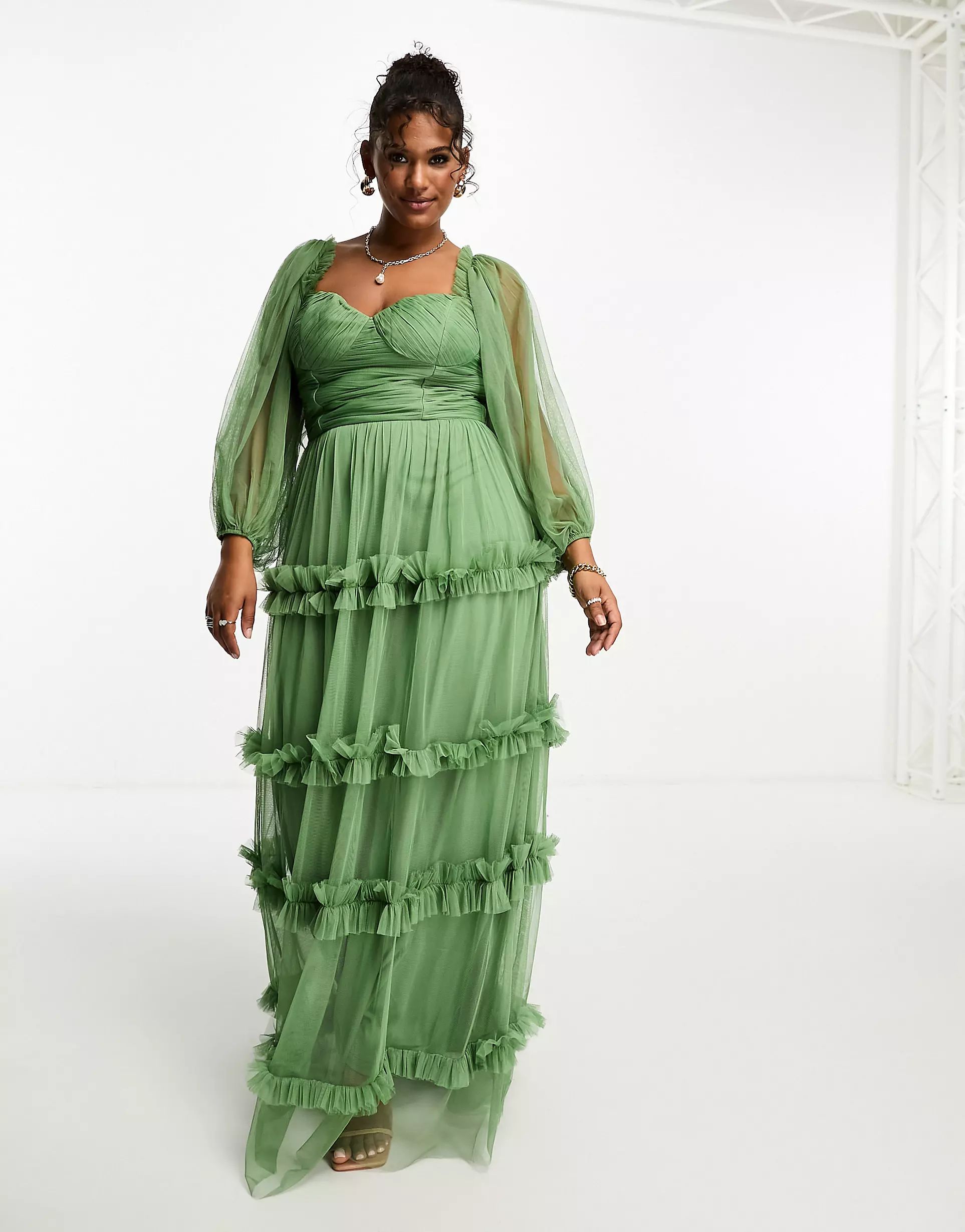 Lace & Beads Plus sheer sleeve ruffle maxi dress in olive | ASOS (Global)