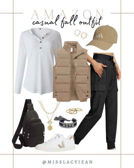 Casual fall outfit from Amazon includes black cargo joggers, puffer vest, henley top, sling bag, sneakers, necklace, stackable rings, knit bracelet, baseball hat, and gold earrings.

Outfit, fall outfit, Amazon finds, casual outfit, everyday outfit, work from home outfit 

#LTKfindsunder50 #LTKfindsunder100 #LTKstyletip