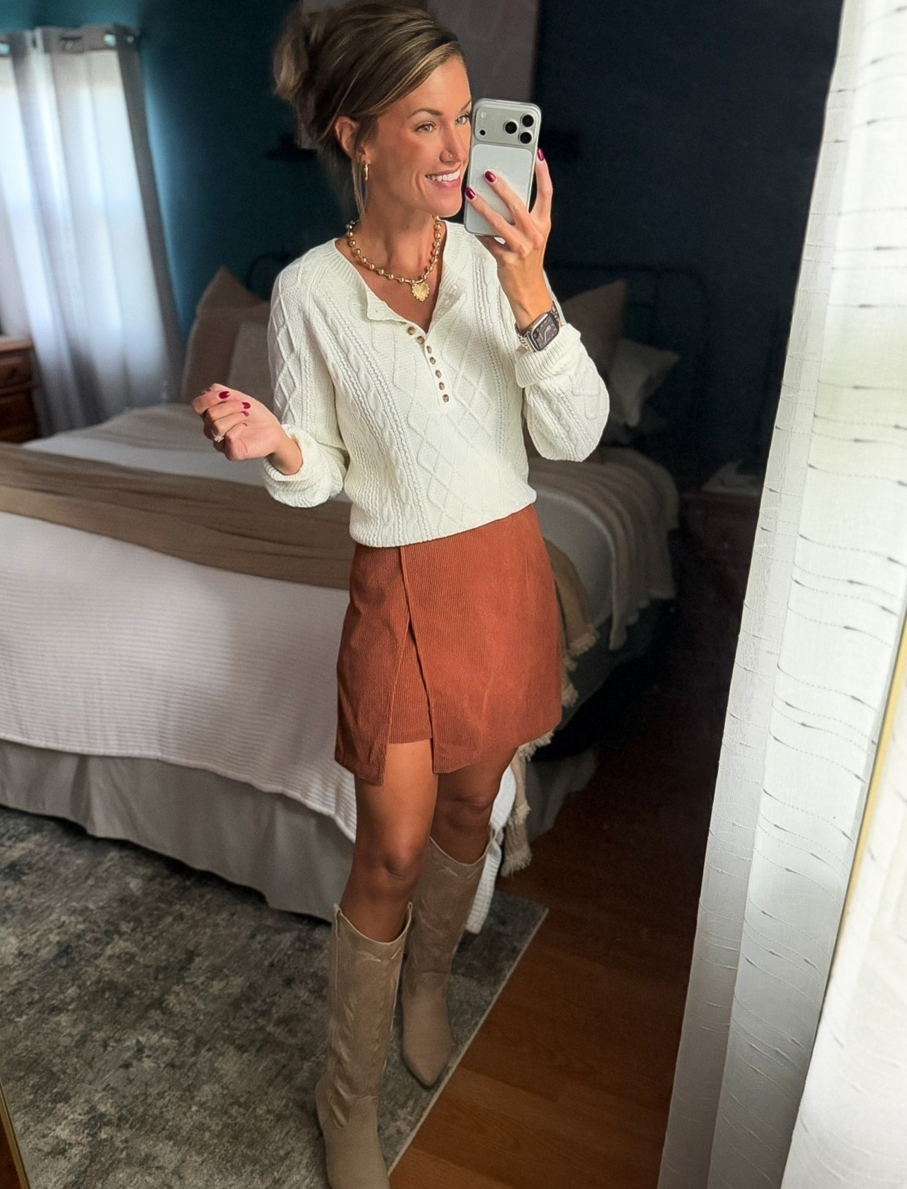 Fall family pictures outfit idea. 
Top/small
Skort/medium
Linked similar boots

#LTKSeasonal #LTKOver40 #LTKSaleAlert