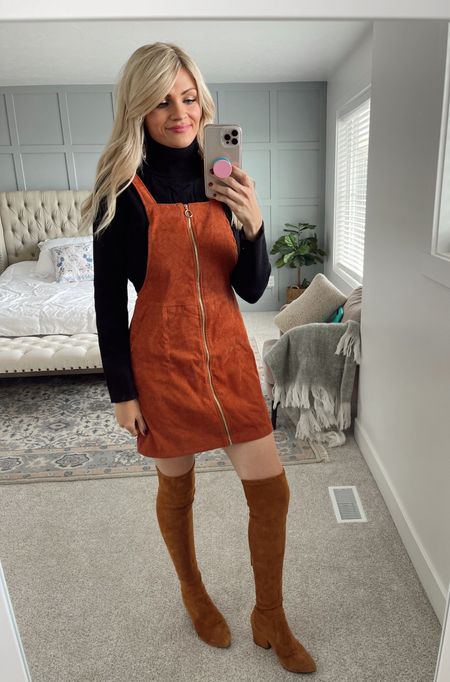 Cute fall outfit 🍂 wearing some corduroy overalls for under $24 - Amazon link in color rust brown. Cozy black Amazon turtleneck sweater, and my favorite over the knee suede leather boots from Goodnight Macaroon! 

#LTKunder50 #LTKSeasonal #LTKshoecrush