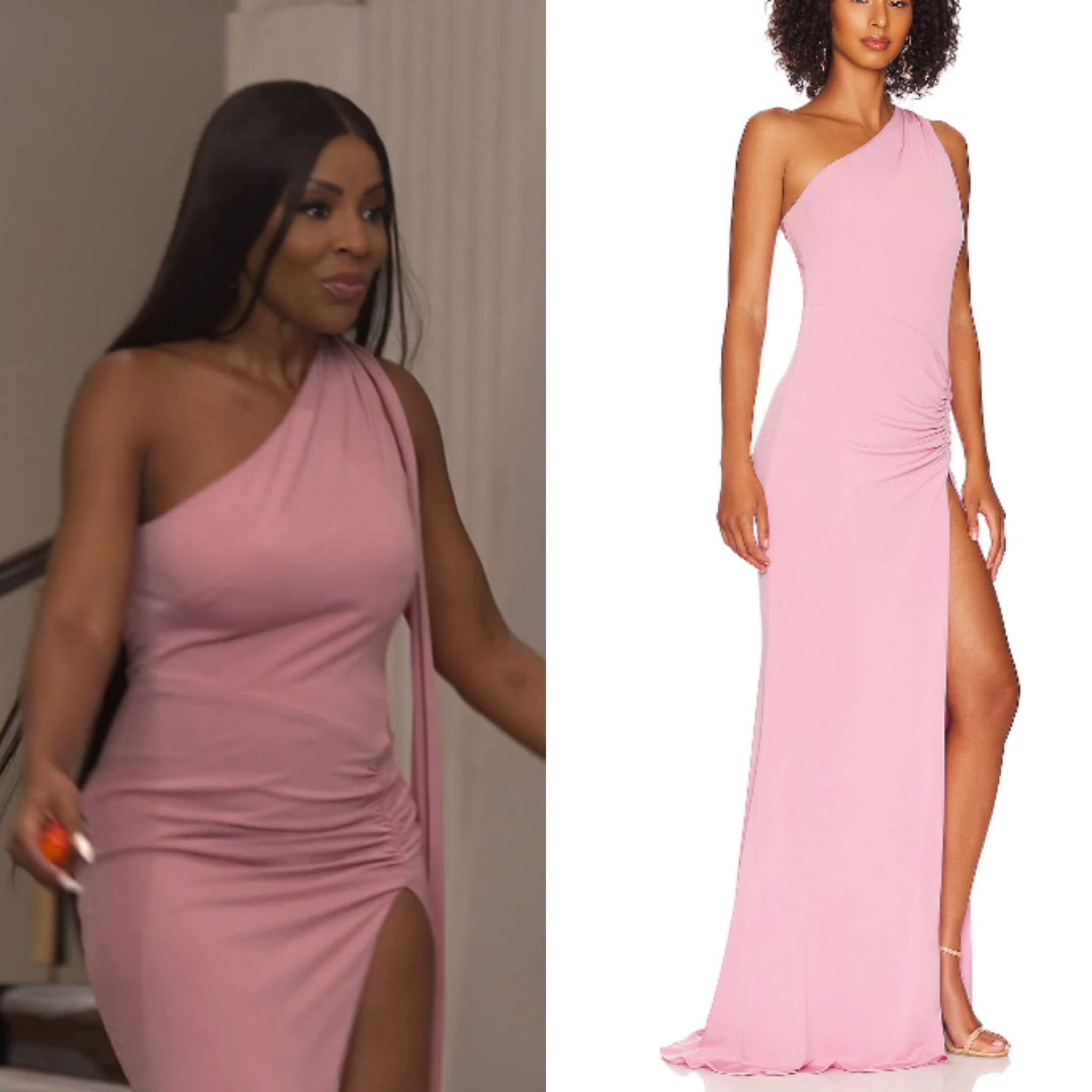 Caroline Brooks’ Pink Asymmetrical Slit Maxi Dress