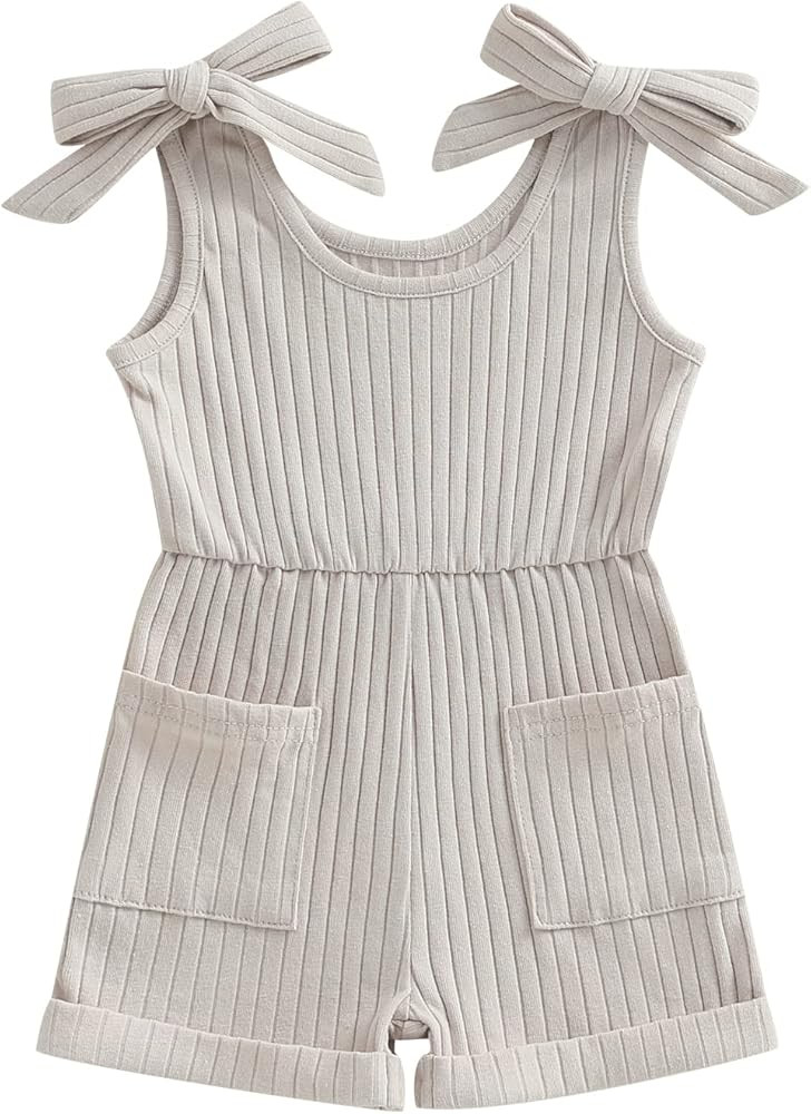 OikMombiu Toddler Baby Girl Sleeveless Jumpsuit Solid Ribbed Knitted Romper Shorts Overalls One-P... | Amazon (US)