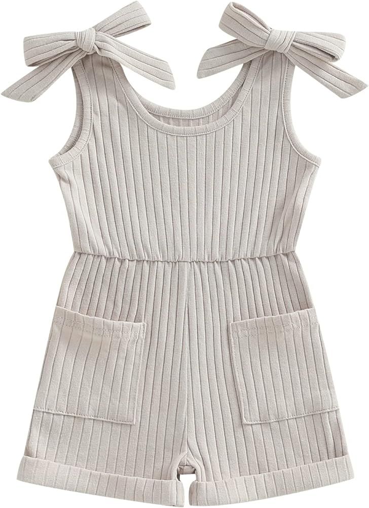 Toddler Baby Girl Sleeveless Jumpsuit Solid Ribbed Knitted Romper Shorts Overalls One-Piece Outfi... | Amazon (US)