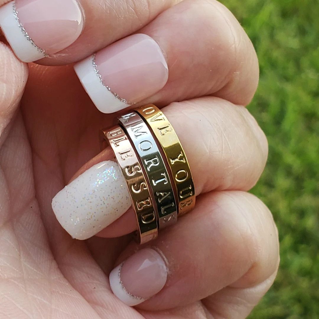 Personalize Ring Your Words Silver Gold Rose Custom Engrave Stamped Stacking Ring Name Scripture ... | Etsy (US)